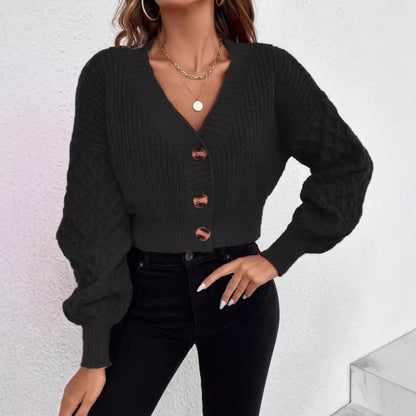 Women's Cropped Chunky V Neck Button Front Cardigan