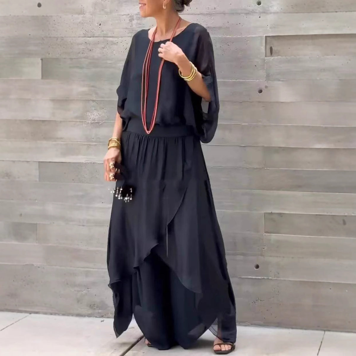 Womens Chiffon Two Piece Set Wide Leg Pants Flowy Ruffle