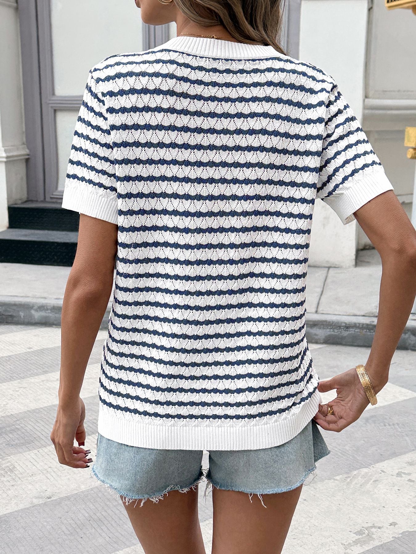 Women's Navy Striped Knit Henley Top Short Sleeve Loose