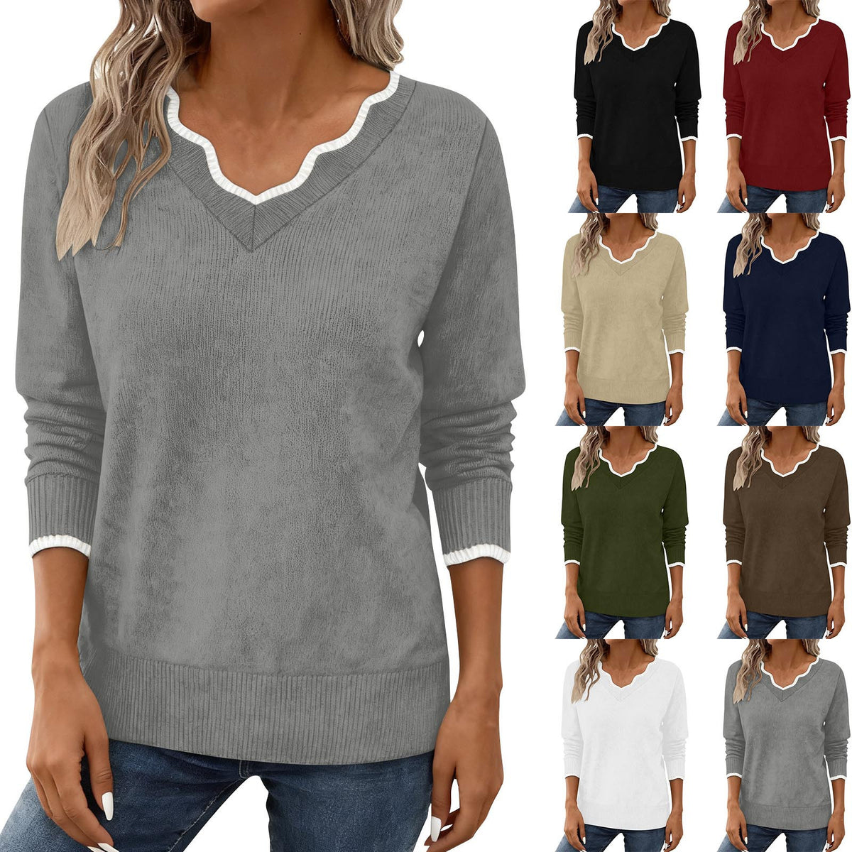 Women's Scalloped V-Neck Contrast Trim Long Sleeve Sweater