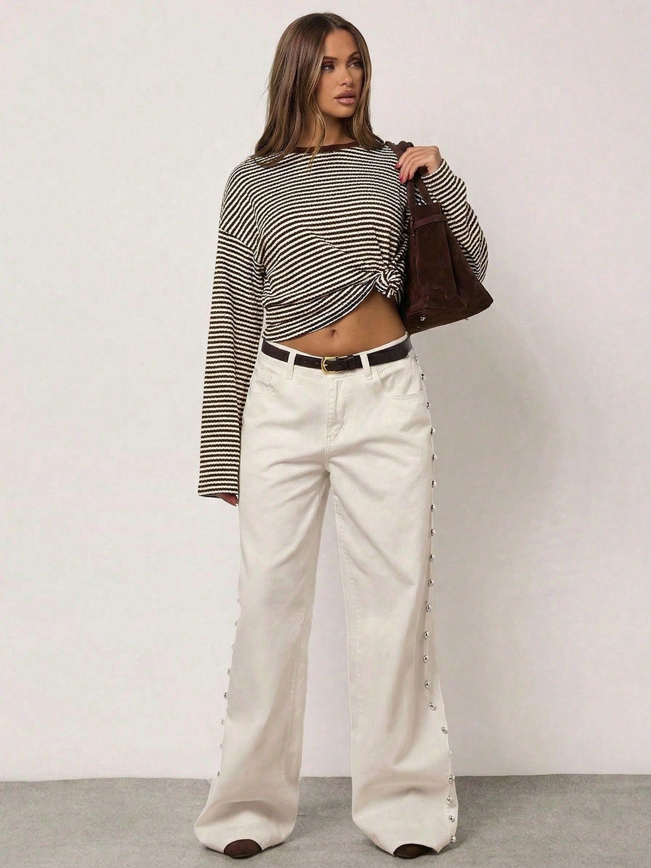 Brown Striped Long Sleeve Knit Top Oversized Casual Tee