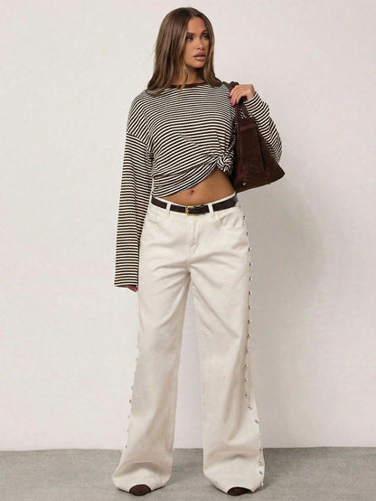 Brown Striped Long Sleeve Knit Top Oversized Casual Tee