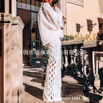 Women's Cutout Puff Sleeve Two Piece Pants Set White