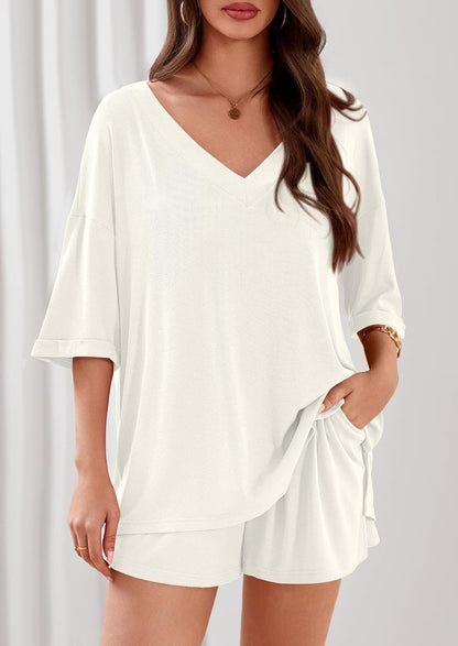 Ribbed V Neck Lounge Set Oversized Top Shorts Set