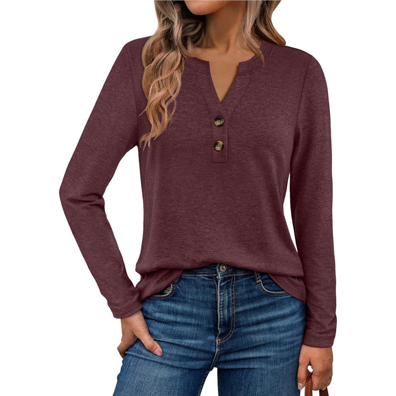 Women's Long Sleeve V-Neck Henley Loose Fit Top