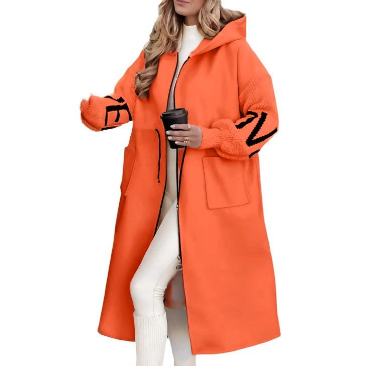 Women's Hooded Long Coat Knit Sleeve Patchwork Jacket
