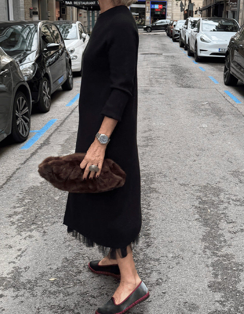 Women's Long Sleeve Sweater Dress Mesh Slit Maxi