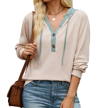 Color Block Waffle Knit Hoodie Henley Long Sleeve Top