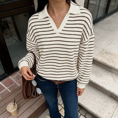 Oversized Striped Waffle Knit Collared Sweater