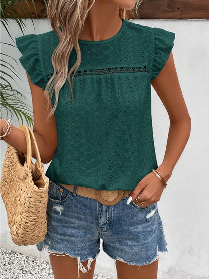 White Eyelet Lace Ruffle Sleeve Summer Blouse Women