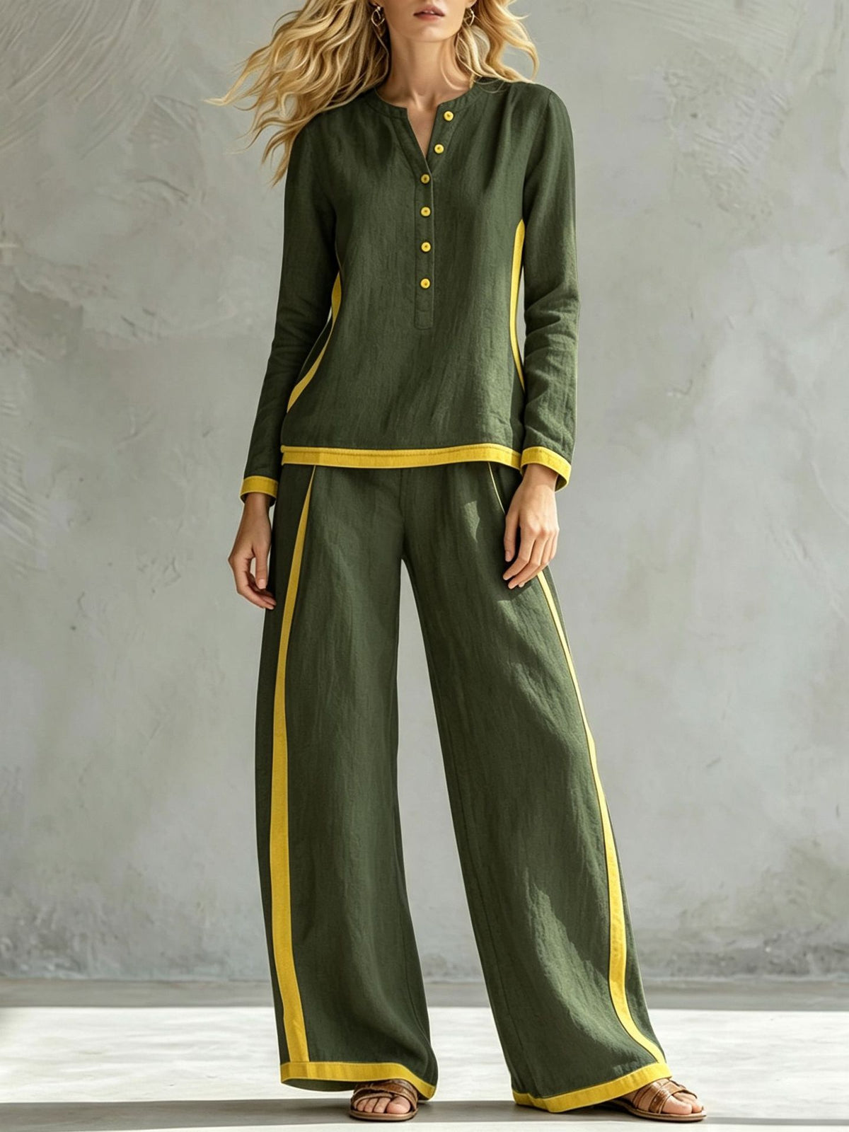 Women's Colorblock Wide Leg Pant Set Button Front Top