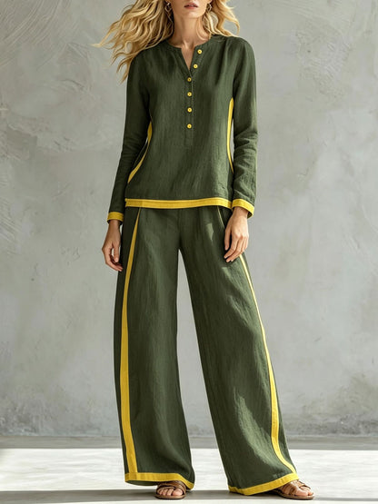 Women's Colorblock Wide Leg Pant Set Button Front Top