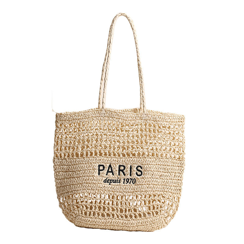 Embroidered Straw Tote Bag Beach Shoulder Bag Women