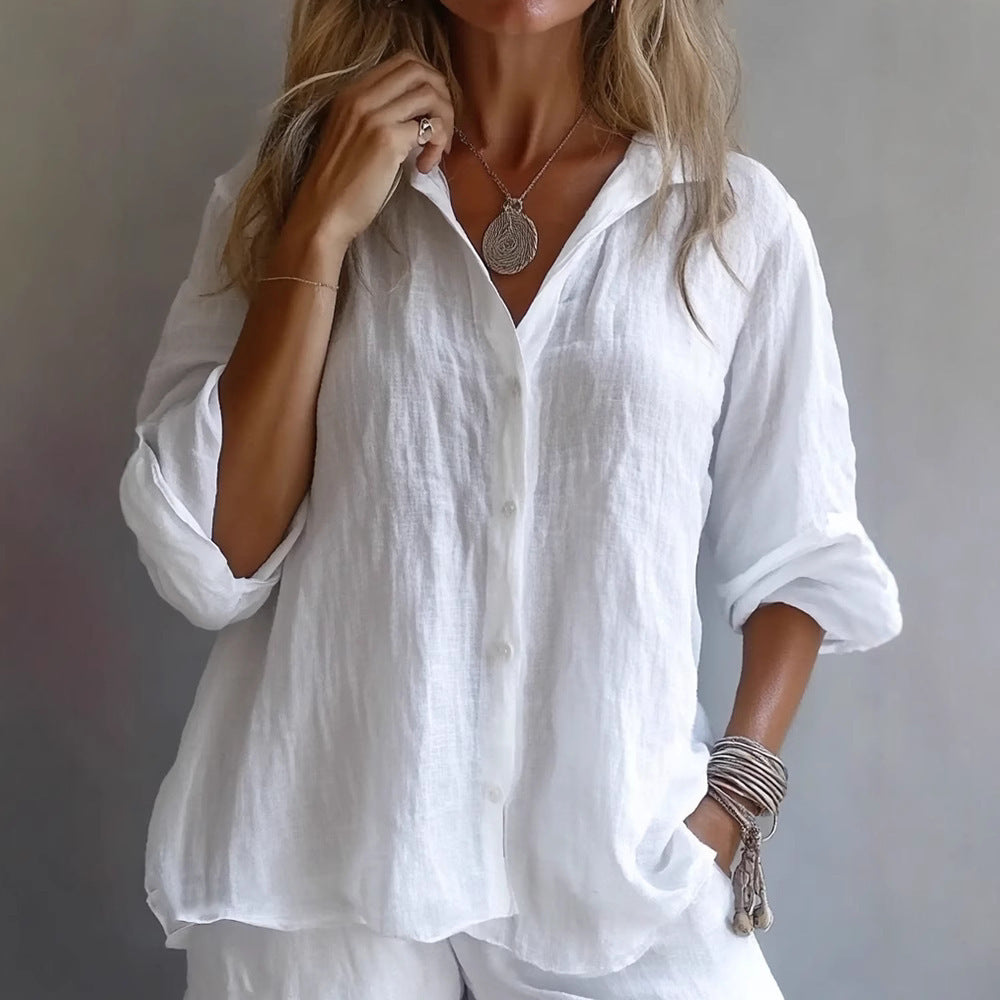 Women Linen V Neck Button Down Long Sleeve Casual Shirt