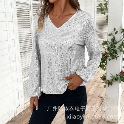 Women's Sequin V Neck Long Sleeve Party Top