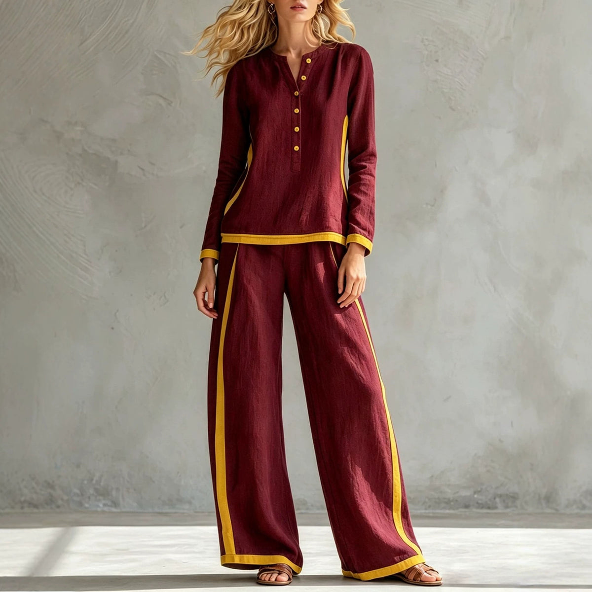 Women's Colorblock Wide Leg Pant Set Button Front Top