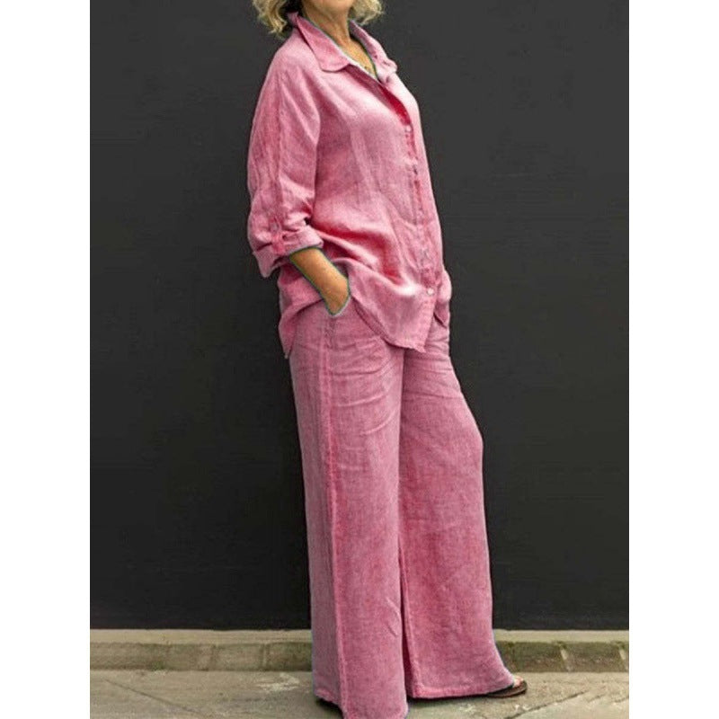 Women's Linen Cotton Shirt & Wide Leg Pants Matching Set