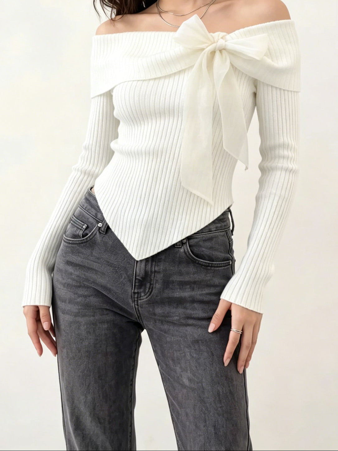 Coquette Off Shoulder Ribbed Bow Knit Top
