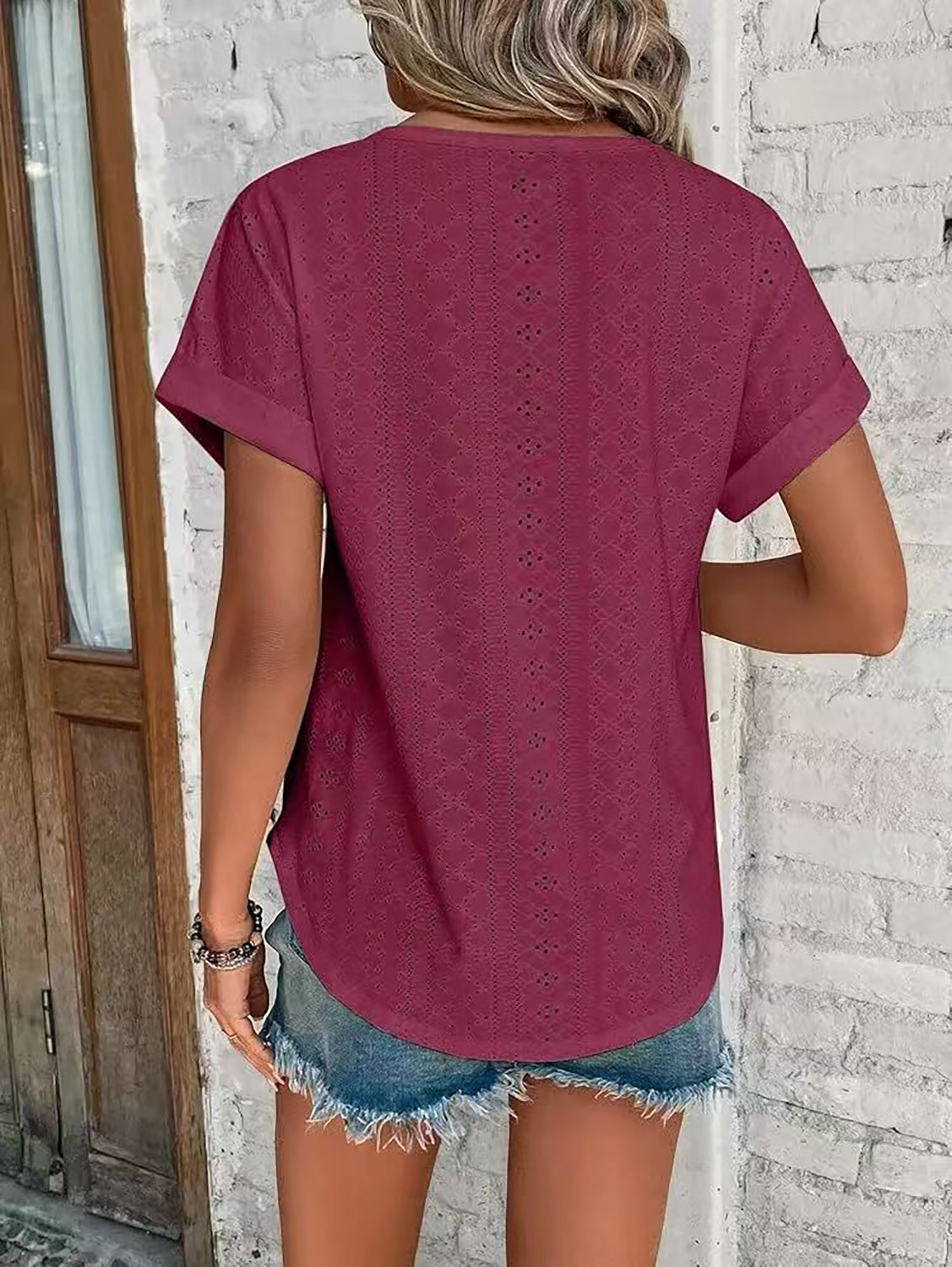 Solid Eyelet Short Sleeve Tee Loose Fit Casual Top