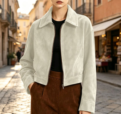 Womens Faux Suede Cropped Zip Up Jacket Vintage Casual