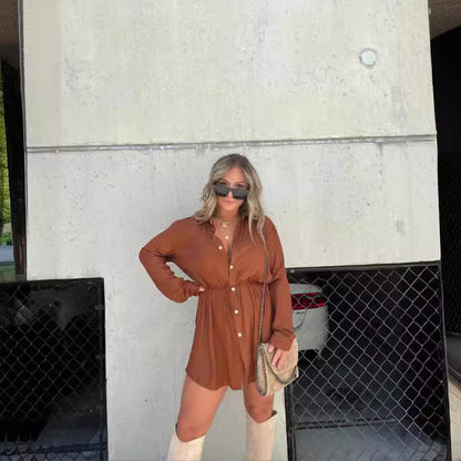 Women's Solid Long Sleeve Button Down Romper