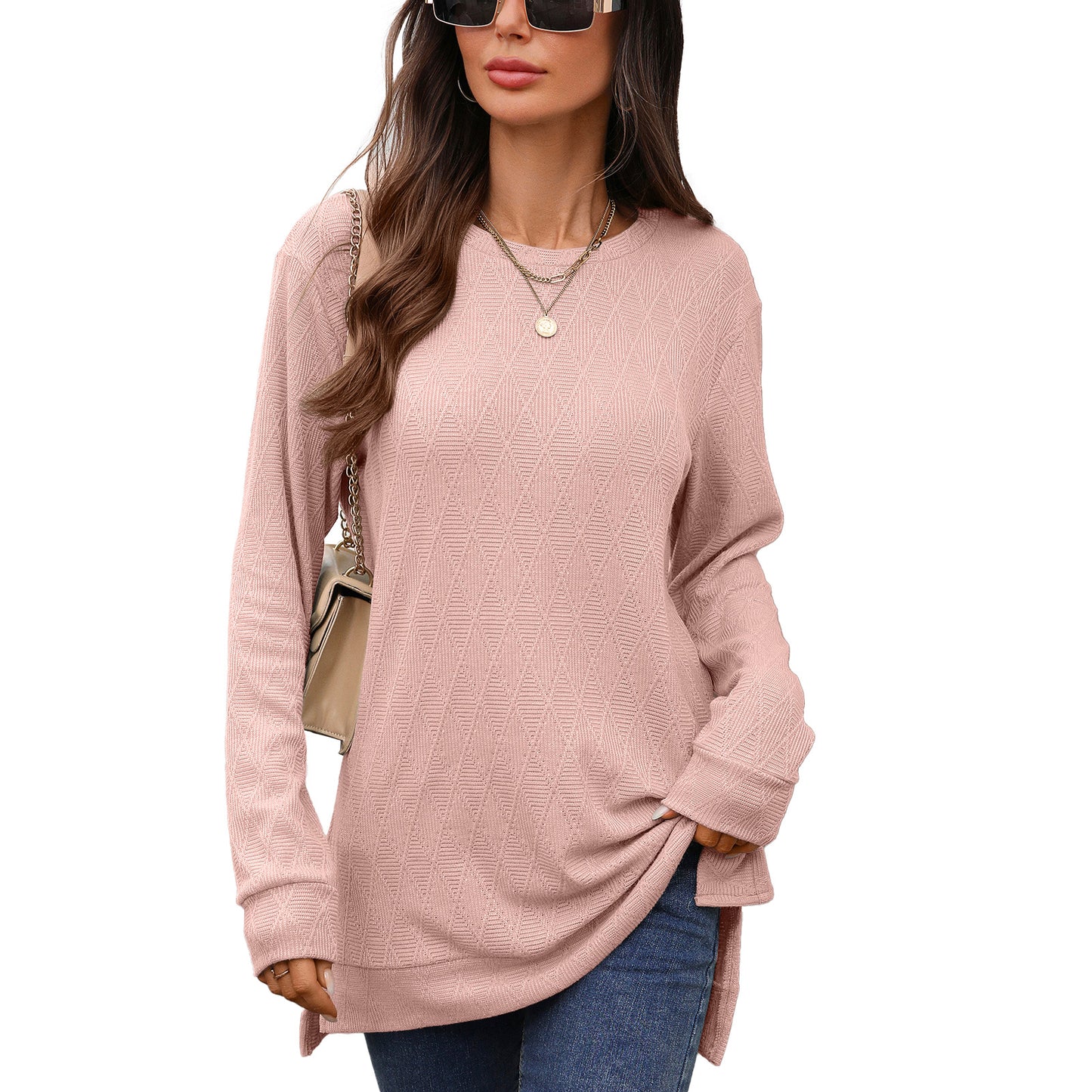 Women's Oversized Crewneck Long Sleeve Side Slit Top