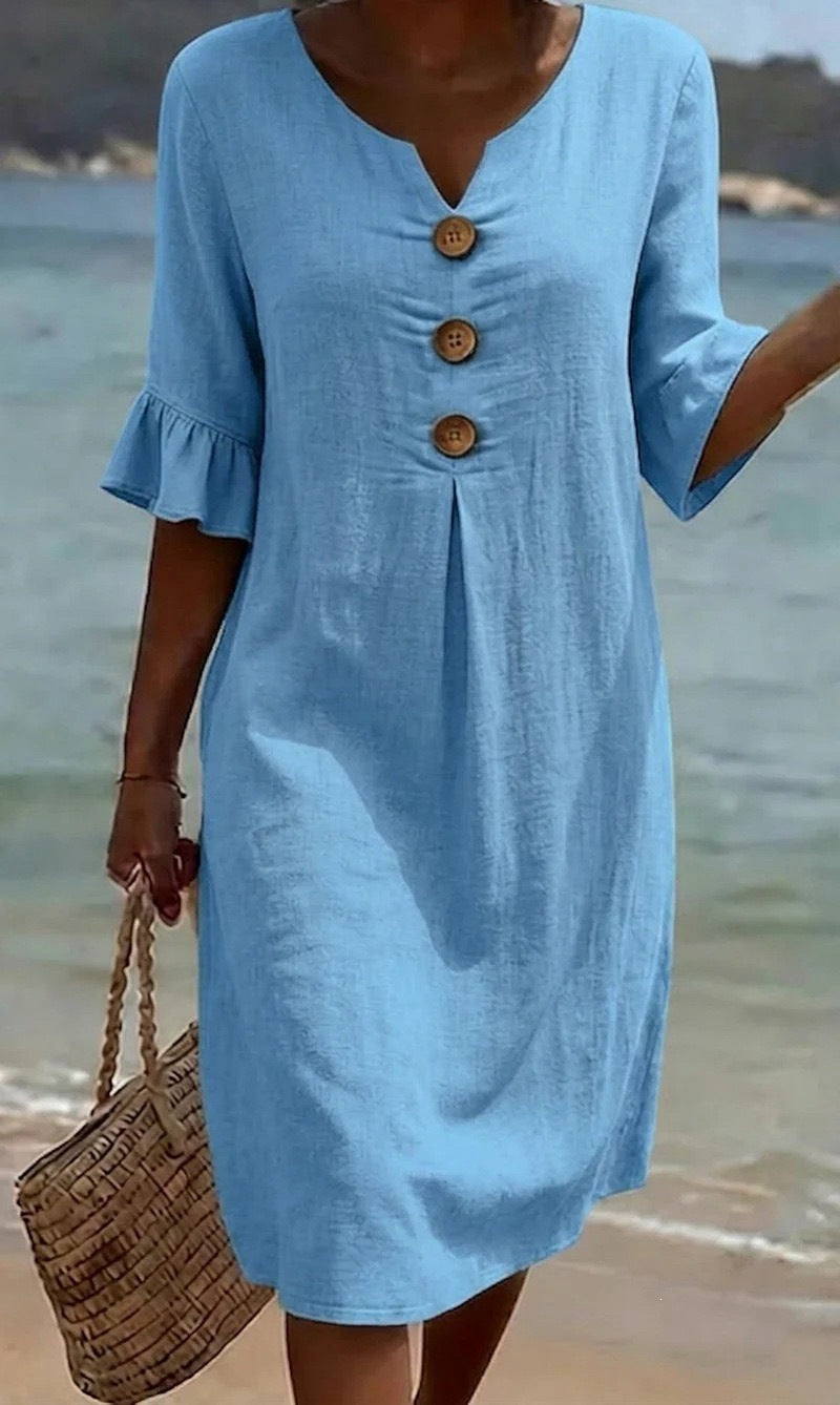 Women's Linen V-Neck Button Ruffle Sleeve Midi Dress