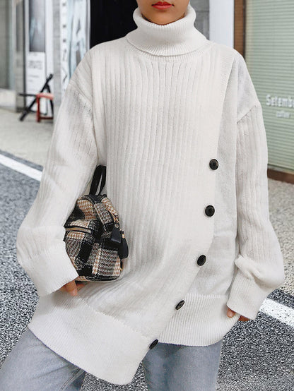 Women's Turtleneck Button-trimmed Irregular Medium and Long Sweater