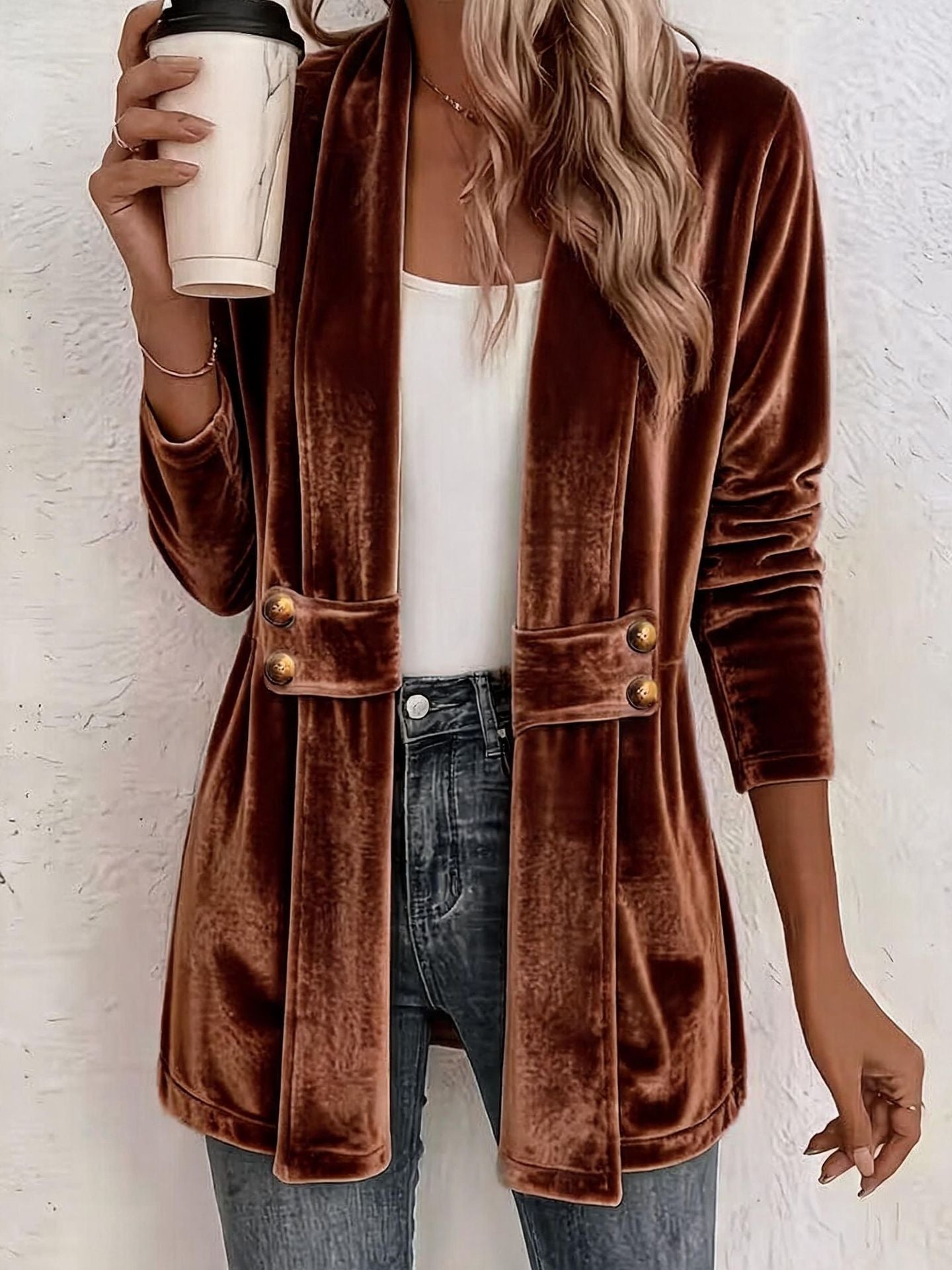 Velvet Shawl Collar Open Front Cardigan Long Sleeve
