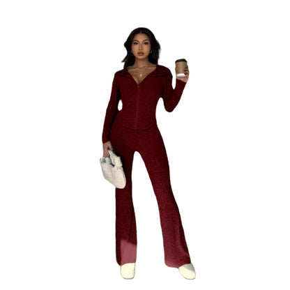 2 Piece Ribbed Knit Zip Sweater Wide Leg Pants Set