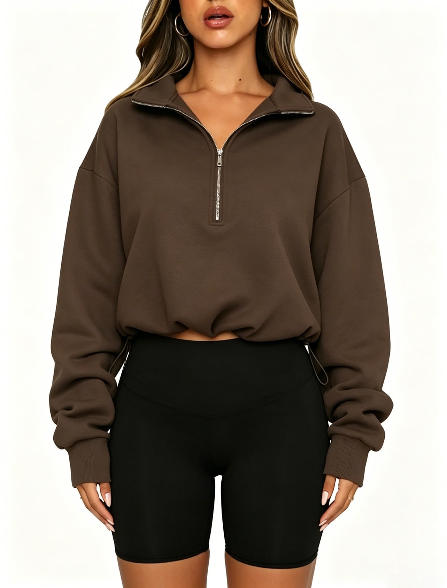 Black Half-Zip Drawstring Pullover Sweatshirt Y2K Streetwear