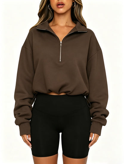 Black Half-Zip Drawstring Pullover Sweatshirt Y2K Streetwear