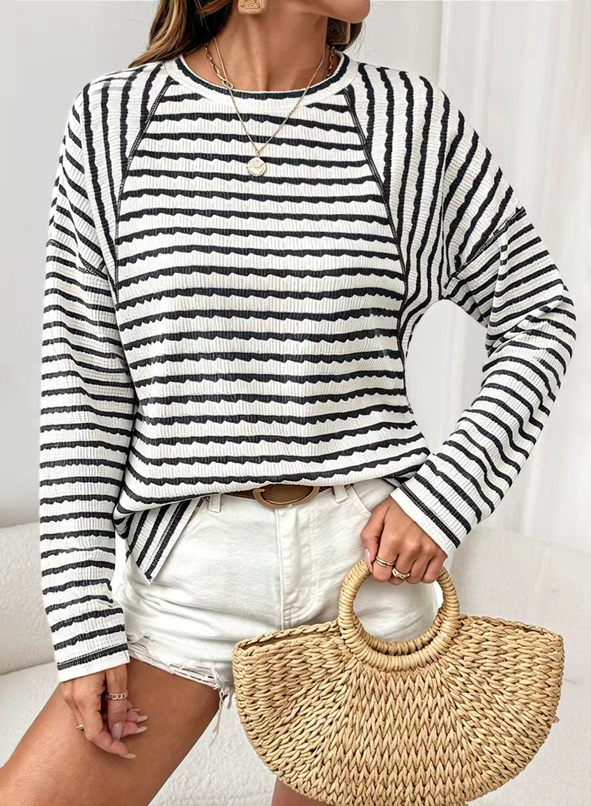 Textured Striped Long Sleeve Pullover Casual Knit Top