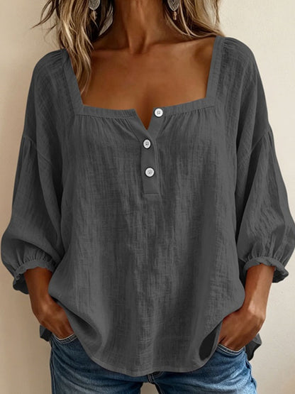 Women's Square Neck Puff Sleeve Button Loose Blouse Top