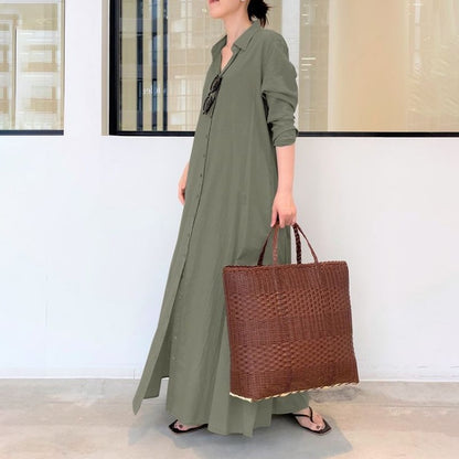 Women's Cotton Linen Maxi Shirt Dress Long Sleeve Pockets