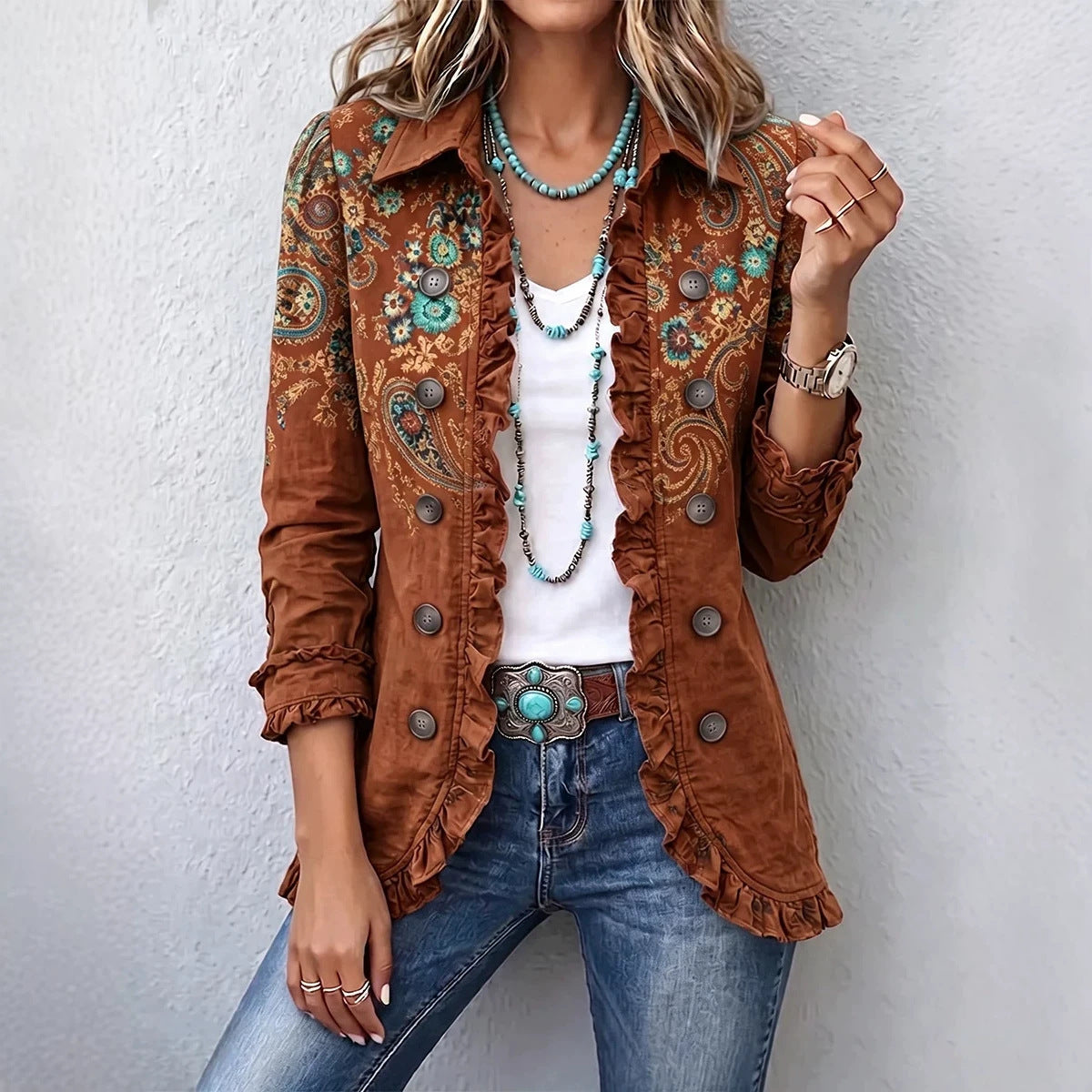 Women's Leopard Ruffle Button Down Long Sleeve Cardigan