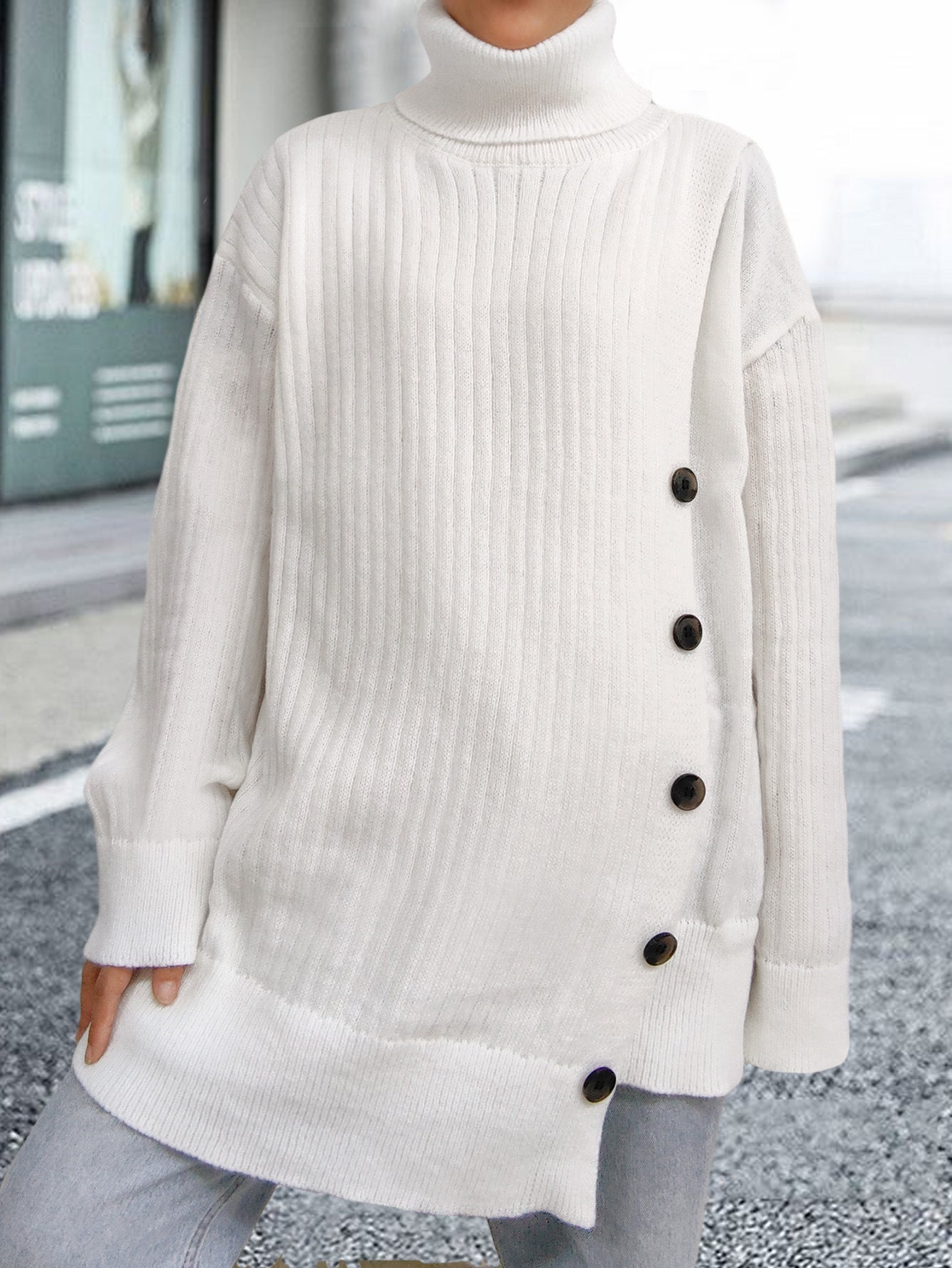 Women's Turtleneck Button-trimmed Irregular Medium and Long Sweater