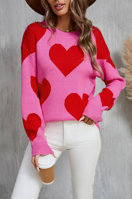 Valentine Heart Knit Sweater Pink Red Pullover Top