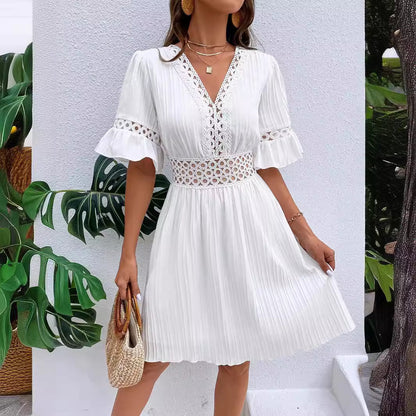 V-Neck Lace Splicing Dress - Fashionable Solid Color