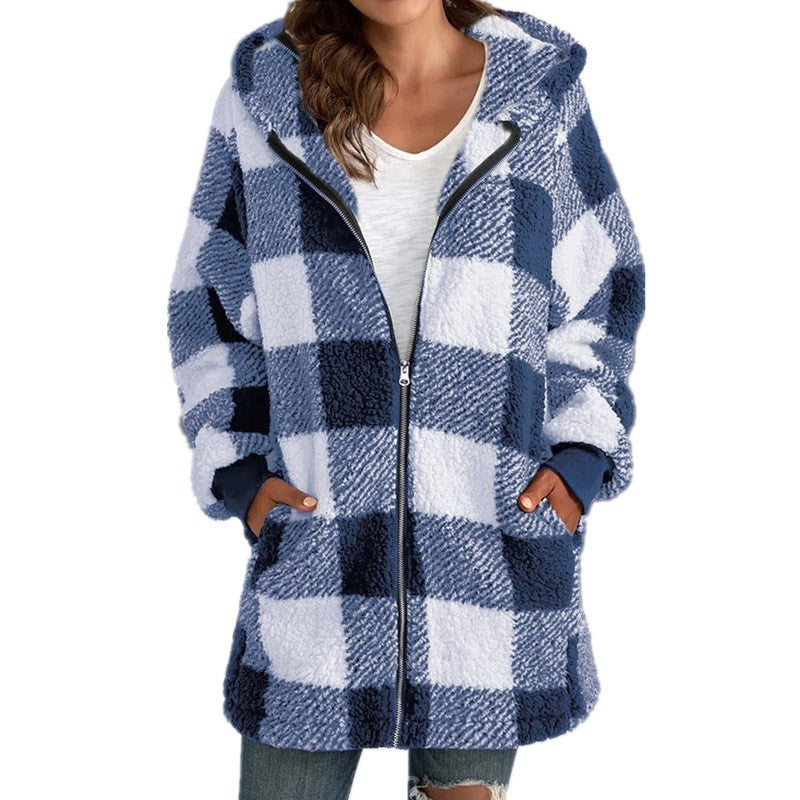 Womens Oversized Sherpa Plaid Hooded Zip Up Jacket