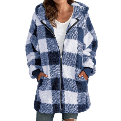 Womens Oversized Sherpa Plaid Hooded Zip Up Jacket