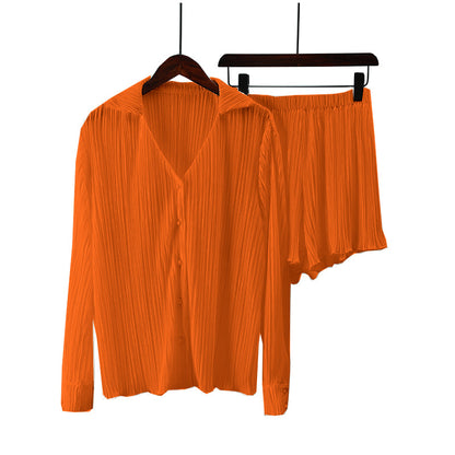 Pleated Long Sleeve Shirt & Shorts Two Piece Set