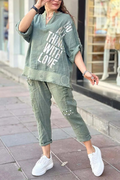 Women's Oversized Linen Blend 2 Piece Graphic Lounge Set