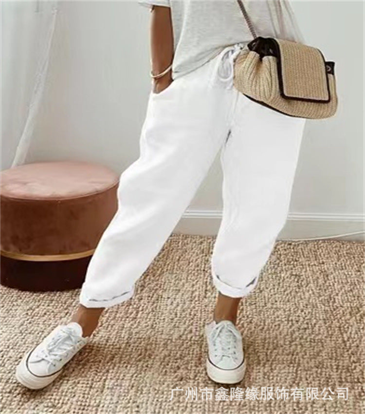 Women's Linen Blend Loose Fit Ankle Pants with Pockets