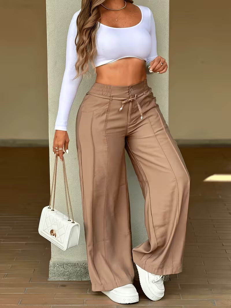 Women's High Waist Cargo Wide Leg Pants Drawstring