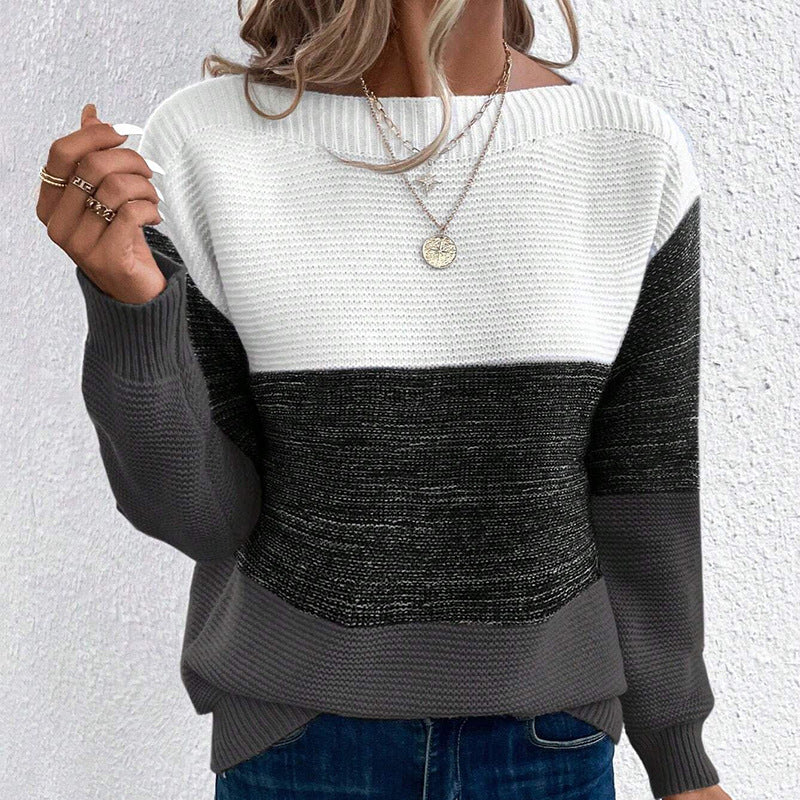 Women's Color Block Crew Neck Knit Pullover Sweater