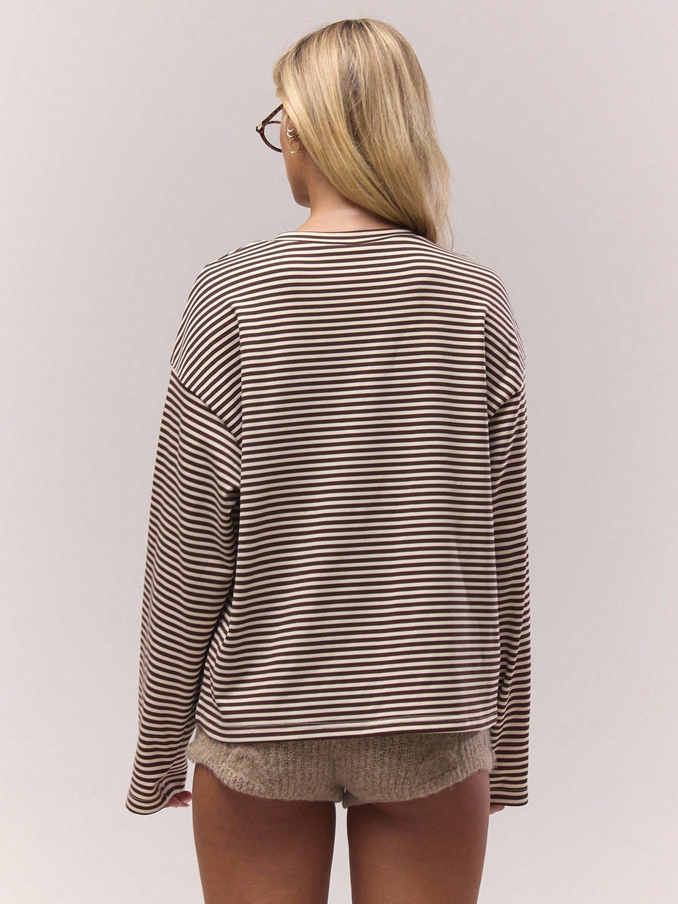 Striped Henley Long Sleeve Oversized Tee Top