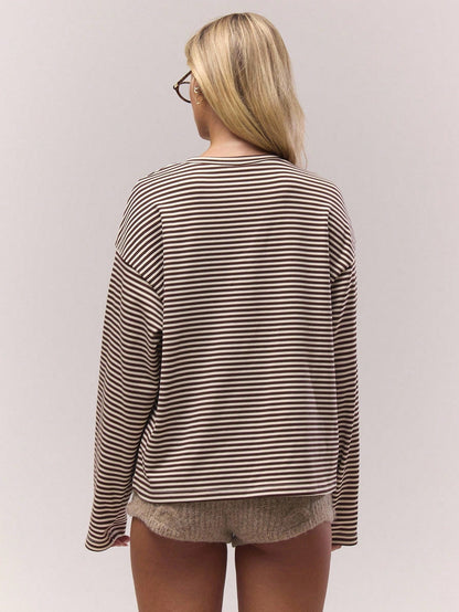 Striped Henley Long Sleeve Oversized Tee Top