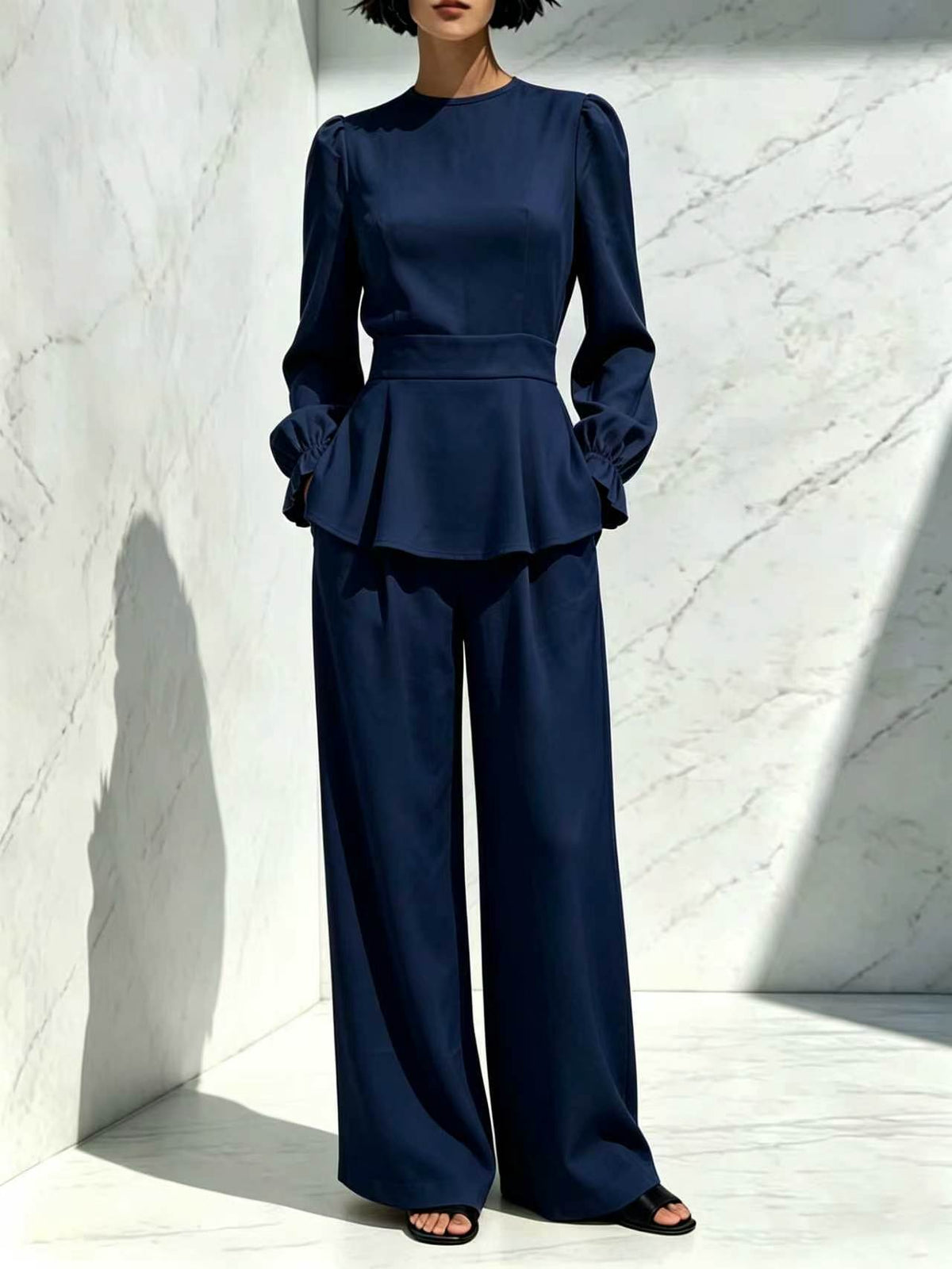 Women's Puff Sleeve Peplum Top Wide Leg Pants Set