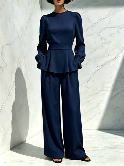 Women's Puff Sleeve Peplum Top Wide Leg Pants Set